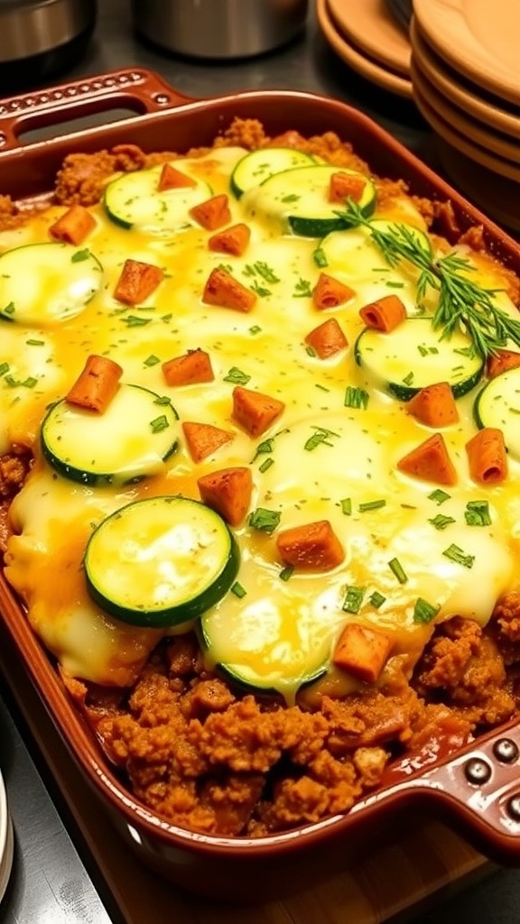 Cheesy hamburger zucchini bake with ground beef and zucchini layers, topped with melted cheese in a baking dish.